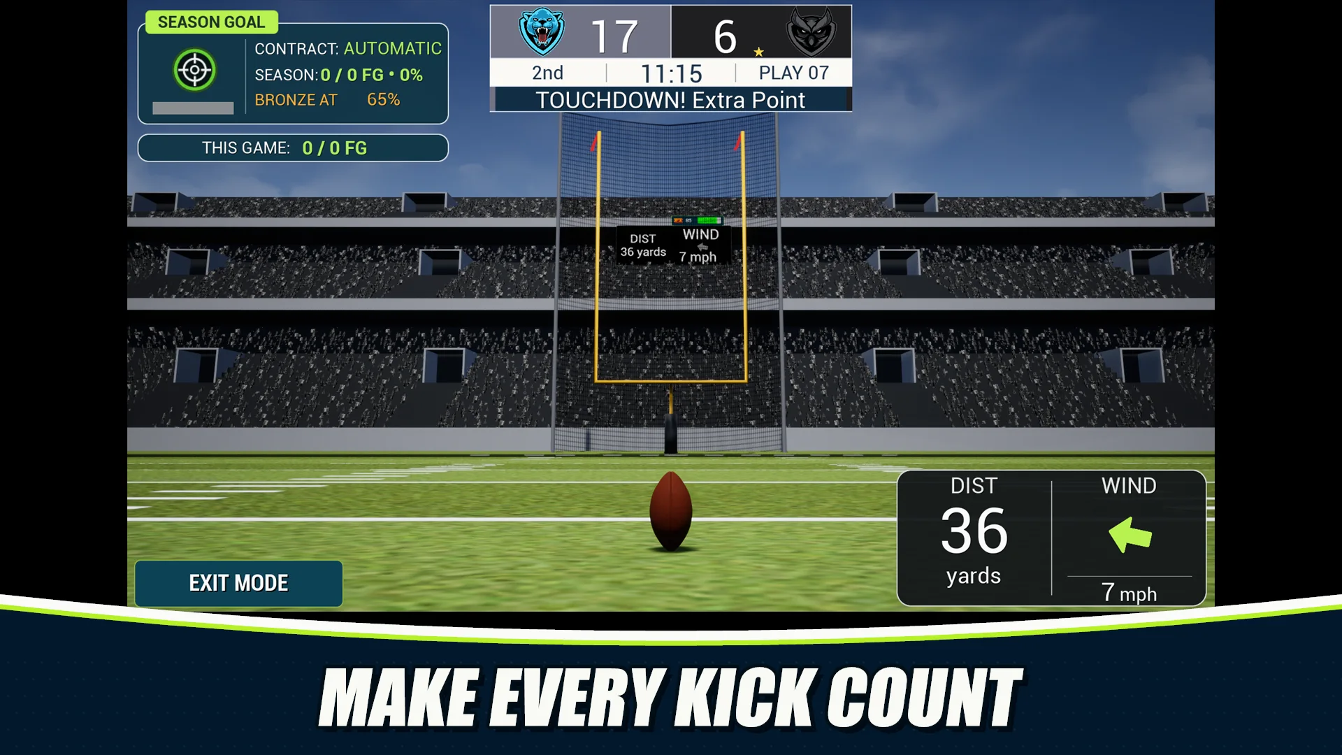 Career Mode kick setup with Orlando lining up an extra point in a packed stadium